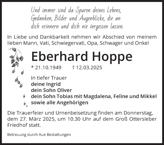Traueranzeige von Eberhard Hoppe von Volksstimme Magdeburg