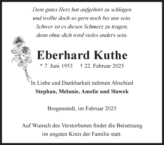 Traueranzeige von Eberhard Kuthe von Volksstimme Haldensleben/Wolmirstedt