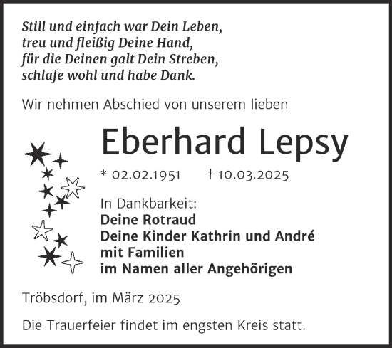 Traueranzeige von Eberhard Lepsy von Super Sonntag Naumburg/Nebra