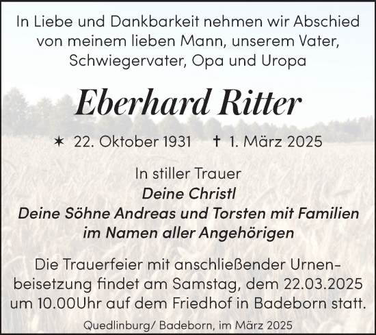 Traueranzeige von Eberhard Ritter von Trauerkombi Quedlinburg