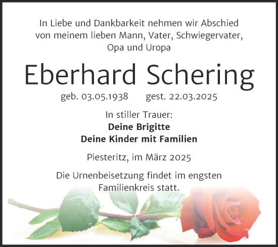 Traueranzeige von Eberhard Schering von Trauerkombi Wittenberg
