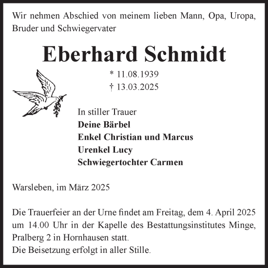 Traueranzeige von Eberhard Schmidt von Volksstimme Oschersleben/Wanzleben