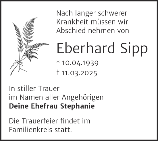 Traueranzeige von Eberhard Sipp von Trauerkombi Dessau