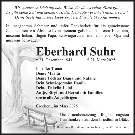 Traueranzeige von Eberhard Suhr von Volksstimme Haldensleben/Wolmirstedt
