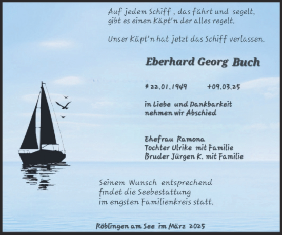 Traueranzeige von Eberhard Georg Buch von Trauerkombi Mansfelder Land