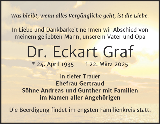 Traueranzeige von Eckart Graf von Mitteldeutsche Zeitung Halle/Saalkreis