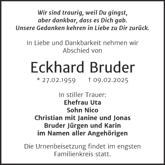 Traueranzeige von Eckhard Bruder von Trauerkombi Wittenberg