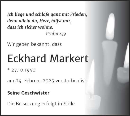 Traueranzeige von Eckhard Markert von Trauerkombi Dessau