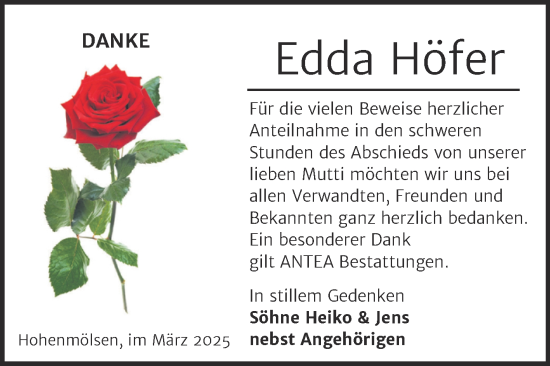 Traueranzeige von Edda Höfer von Trauerkombi Weißenfels
