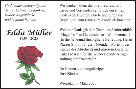 Traueranzeige von Edda Müller von Volksstimme Haldensleben/Wolmirstedt