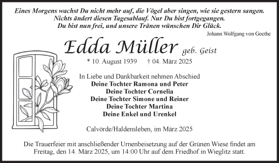 Traueranzeige von Edda Müller von Volksstimme Haldensleben/Wolmirstedt
