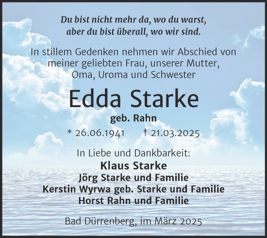 Traueranzeige von Edda Starke von Trauerkombi Merseburg