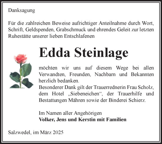 Traueranzeige von Edda Steinlage von Volksstimme Altmark West