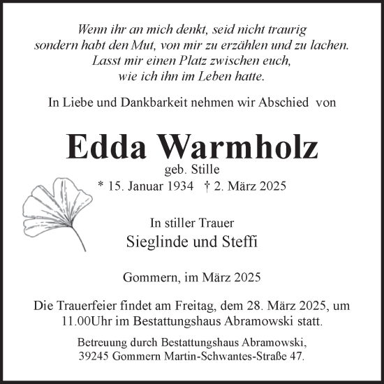 Traueranzeige von Edda Warmholz von Volksstimme Burg/Genthin