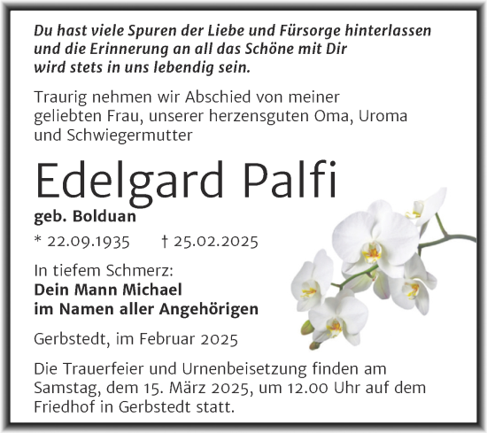 Traueranzeige von Edelgard Palfi von Trauerkombi Mansfelder Land