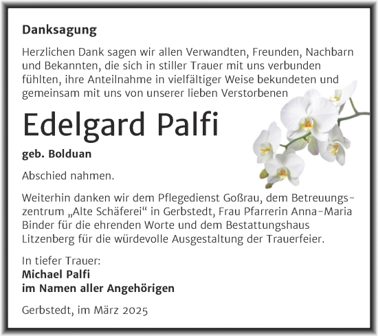 Traueranzeige von Edelgard Palfi von Trauerkombi Mansfelder Land