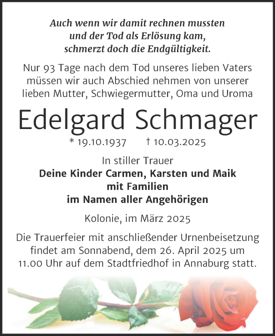 Traueranzeige von Edelgard Schmager von Trauerkombi Wittenberg