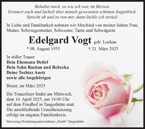 Traueranzeige von Edelgard Vogt von Volksstimme Altmark Ost