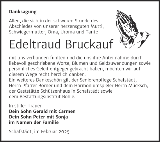 Traueranzeige von Edeltraud Bruckauf von Trauerkombi Merseburg