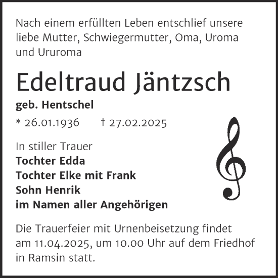 Traueranzeige von Edeltraud Jäntzsch von Trauerkombi Bitterfeld