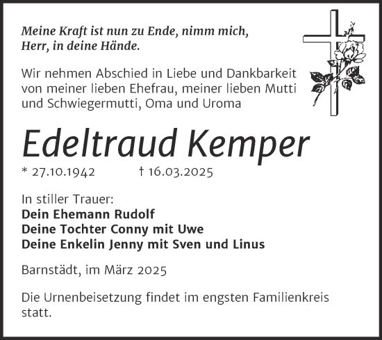 Traueranzeige von Edeltraud Kemper von Trauerkombi Merseburg