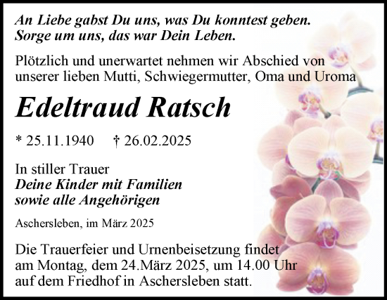 Traueranzeige von Edeltraud Ratsch von Trauerkombi Aschersleben