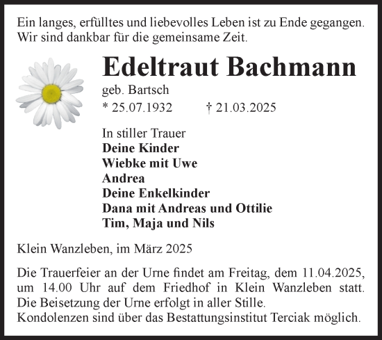 Traueranzeige von Edeltraut Bachmann von Volksstimme Oschersleben/Wanzleben