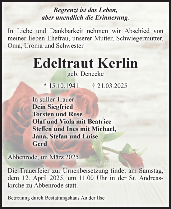 Traueranzeige von Edeltraut Kerlin von Volksstimme Wernigerode