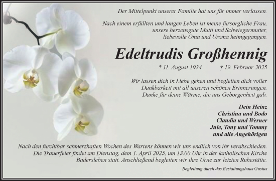 Traueranzeige von Edeltrudis Großhennig von Volksstimme Halberstadt