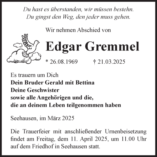 Traueranzeige von Edgar Gremmel von Volksstimme Altmark Ost