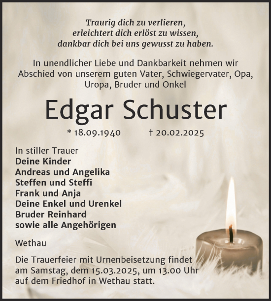 Traueranzeige von Edgar Schuster von Super Sonntag Naumburg/Nebra