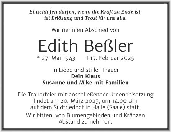 Traueranzeige von Edith Beßler von Mitteldeutsche Zeitung Halle/Saalkreis
