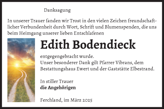 Traueranzeige von Edith Bodendieck von Volksstimme Burg/Genthin