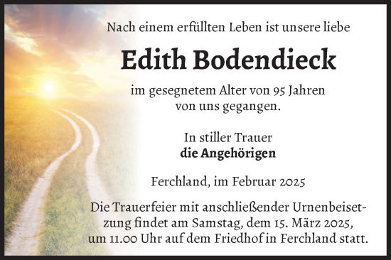 Traueranzeige von Edith Bodendieck von Volksstimme Burg/Genthin
