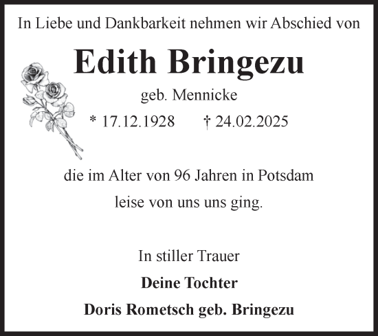 Traueranzeige von Edith Bringezu von Volksstimme Schönebeck