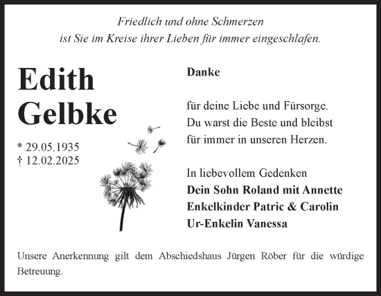 Traueranzeige von Edith Gelbke von Volksstimme Magdeburg