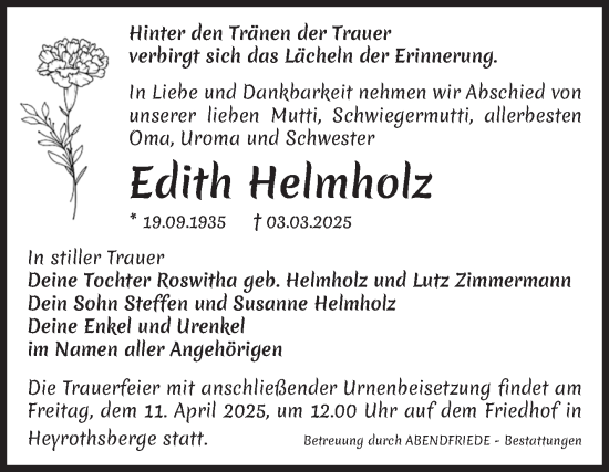 Traueranzeige von Edith Helmholz von Volksstimme Altmark West