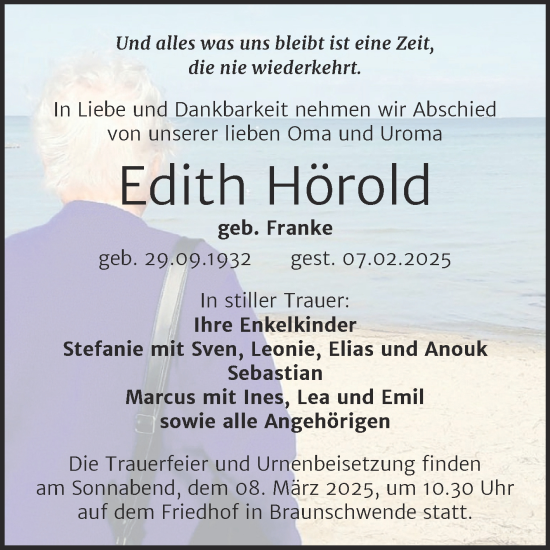 Traueranzeige von Edith Hörold von Trauerkombi Mansfelder Land