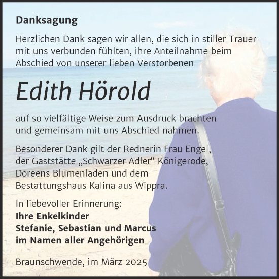Traueranzeige von Edith Hörold von Trauerkombi Mansfelder Land
