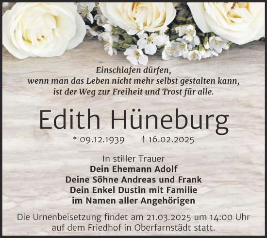 Traueranzeige von Edith Hüneburg von Trauerkombi Merseburg