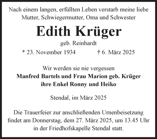 Traueranzeige von Edith Krüger von Volksstimme Altmark Ost