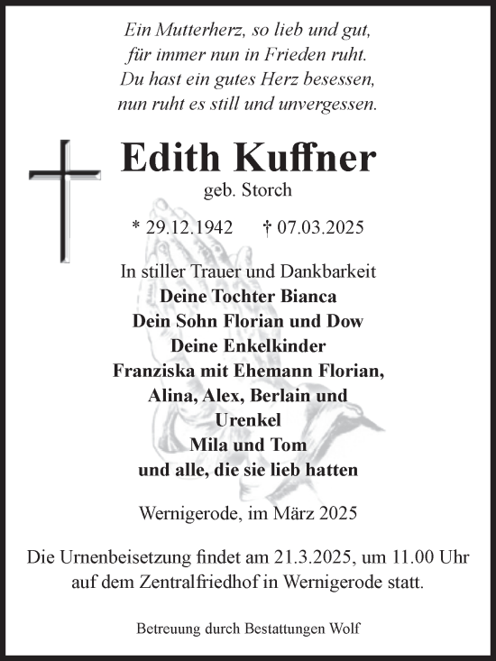 Traueranzeige von Edith Kuffner von Volksstimme Wernigerode