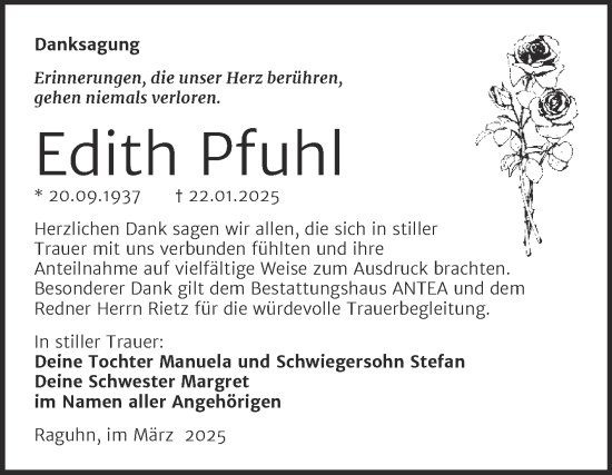 Traueranzeige von Edith Pfuhl von Trauerkombi Bitterfeld