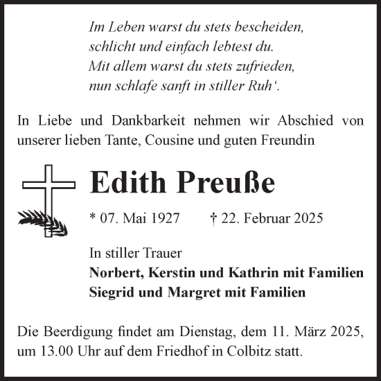 Traueranzeige von Edith Preuße von Volksstimme Haldensleben/Wolmirstedt