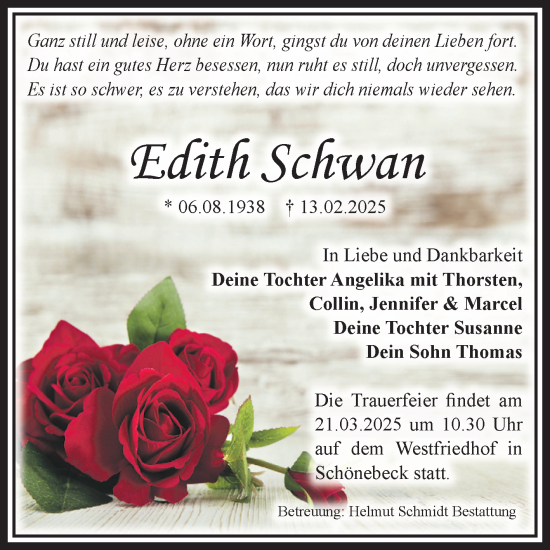 Traueranzeige von Edith Schwan von Volksstimme Schönebeck