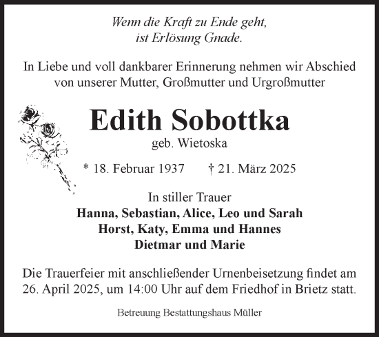 Traueranzeige von Edith Sobottka von Volksstimme Altmark West