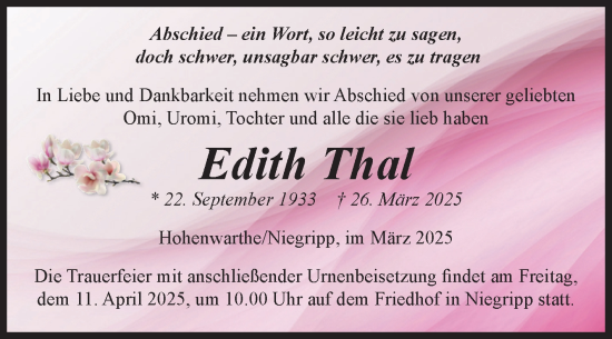 Traueranzeige von Edith Thal von Volksstimme Burg/Genthin