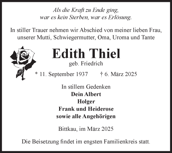 Traueranzeige von Edith Thiel von Volksstimme Altmark Ost