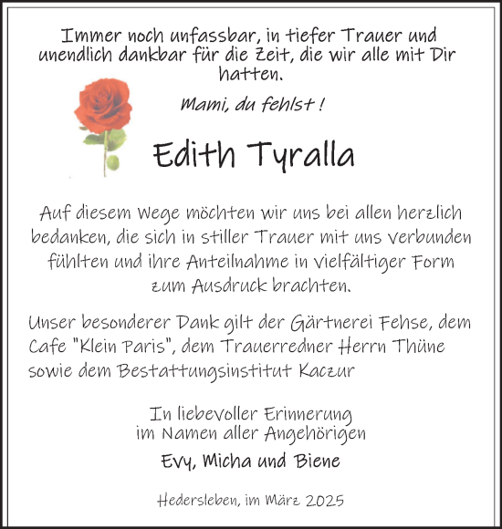 Traueranzeige von Edith Tyralla von Super Sonntag Quedlingburg