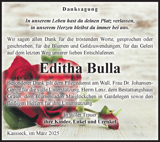 Traueranzeige von Editha Bulla von Volksstimme Altmark Ost